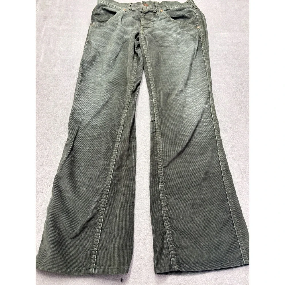 True Religion Mens 31 Green Corduroy Wide Leg Faded Distressed Pants Low Rise